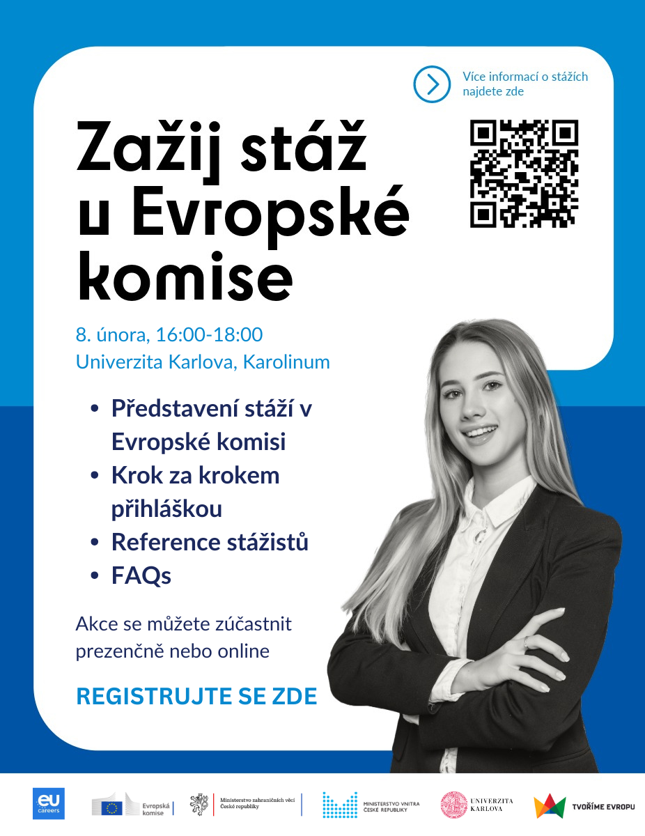 Zažij stáž u Evropské komise  - plakát - je zde fotka mladé ženy a popis programu