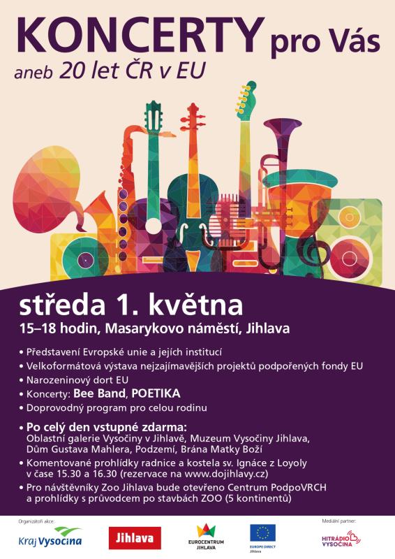 Pozvánka do Jihlavy na Den Evropy - plakát s hudebními nástroji