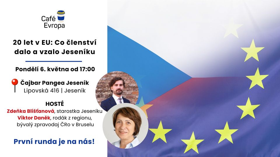 Cafe Evropa v Jeseníku - pozvánka (vlajka EU a ČR) 
