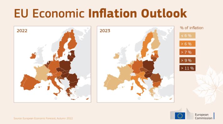 Mapa EU - Ekonomická prognoza 2022 -2023 inflace
