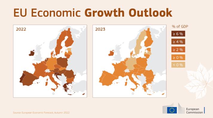 Mapa EU - Prognoza hospodářská 2022-2023