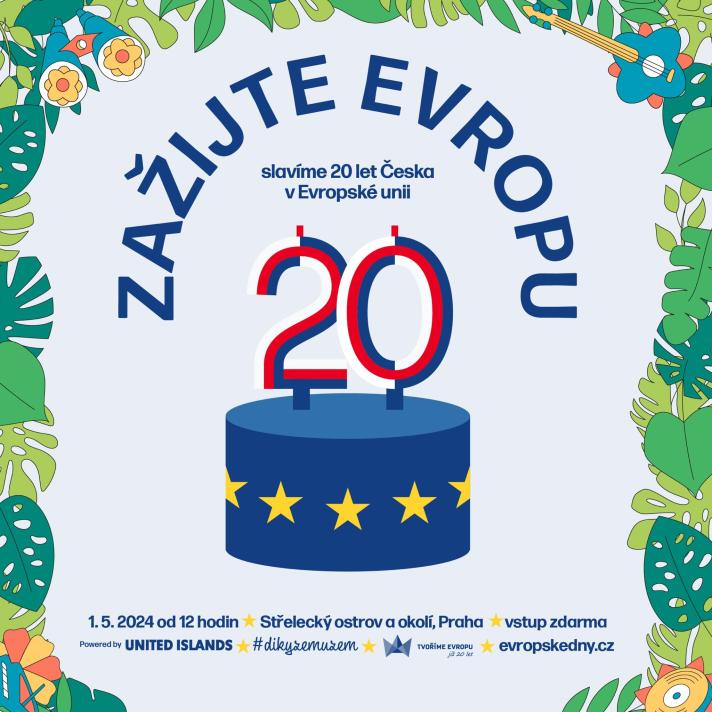 Zažijte Evropu 2024 - plakát s informacemi a obrázkem dortu s číslem 20