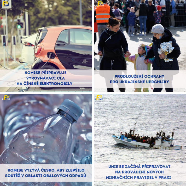 témata týdeníku a obrázky k tomu - elektroauto, rodina migrantů, platsy, loď s uprchlíky