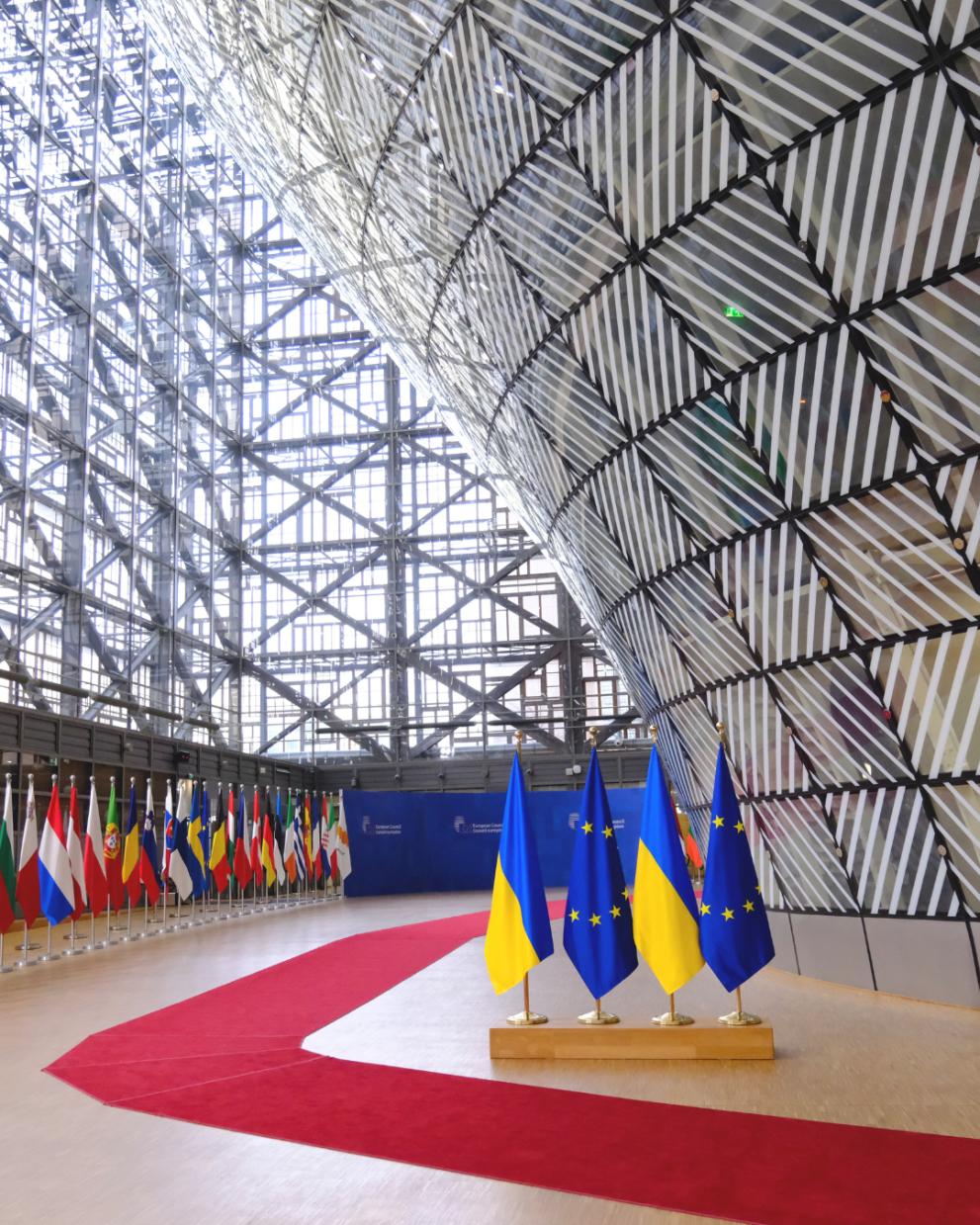 vlajky států EU na Evropské Radě - v popředí vlajky EU a Ukrajiny