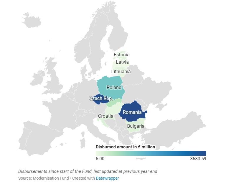 mapa zemí EU, kde Modernizační fond investuje