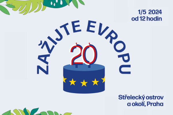 Zažijte Evropu - plakát s dortem a číslem 20 na dortu